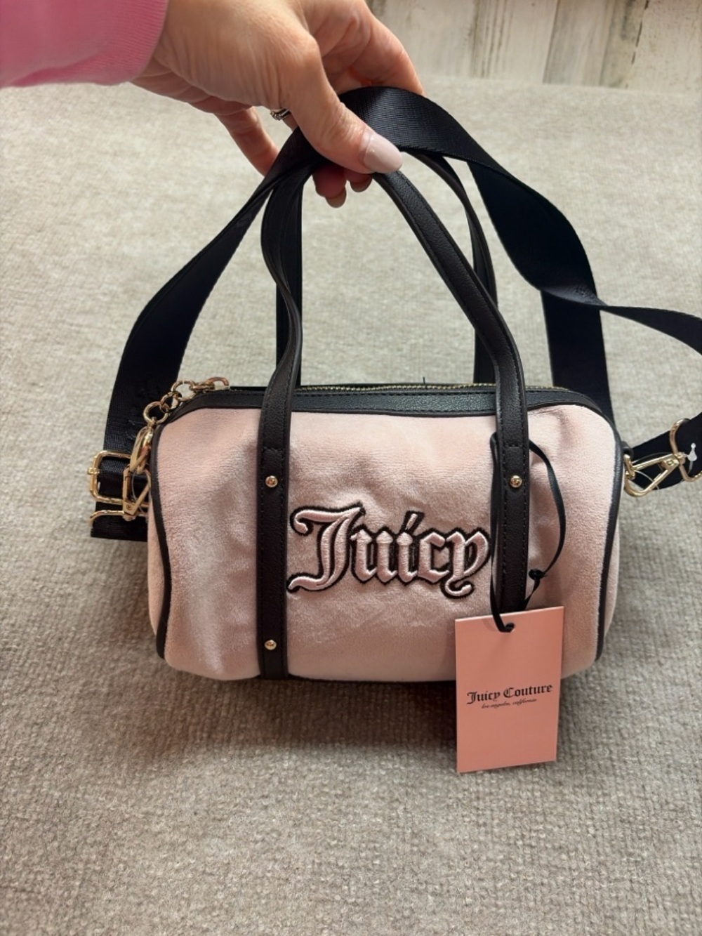 Juicy Couture Pink Suede Barrel Mini Bag with Black Trim